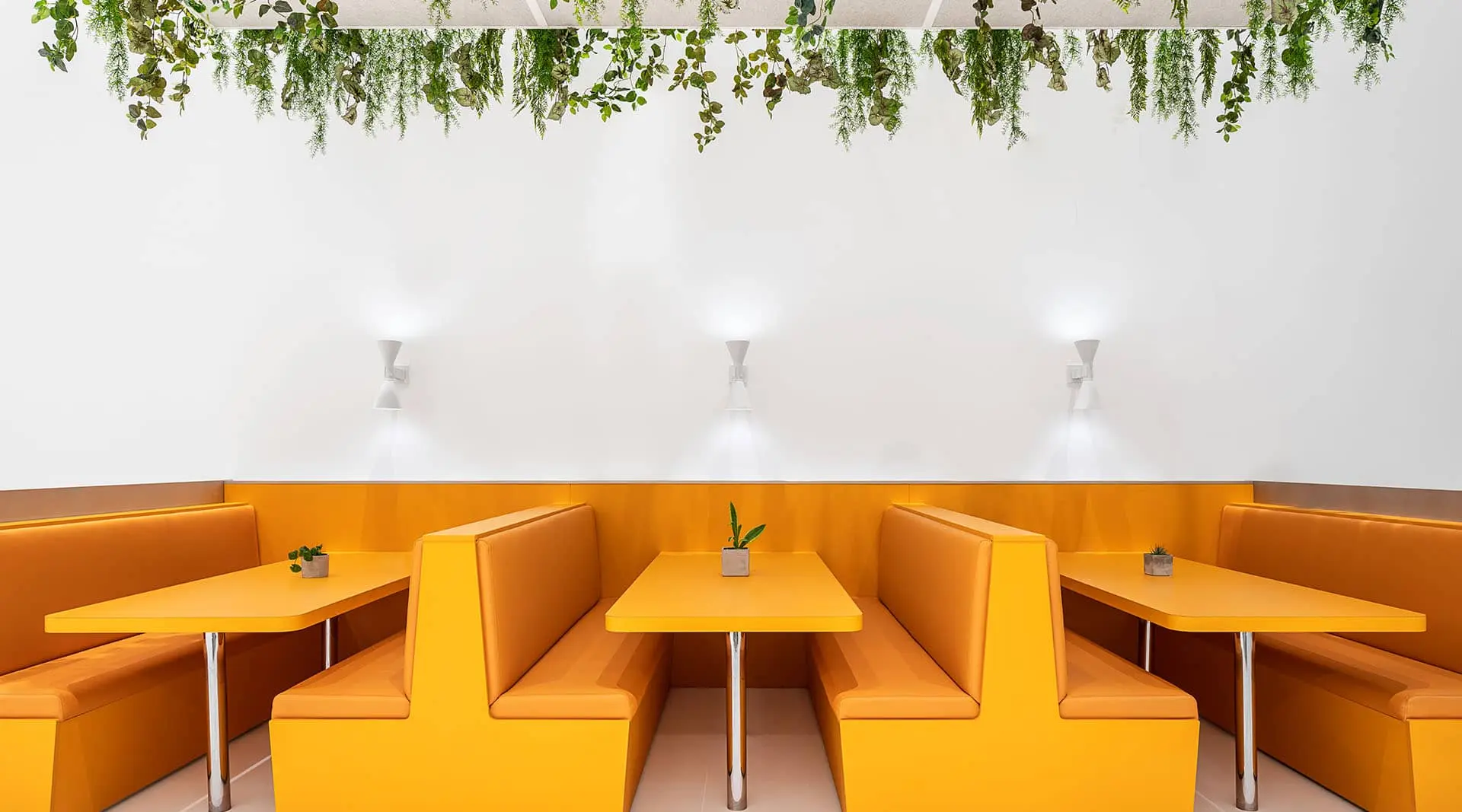 Corporate cafeteria design at Keirton headquarters in Surrey BC, with bright orange seating, white walls, and overhanging plants